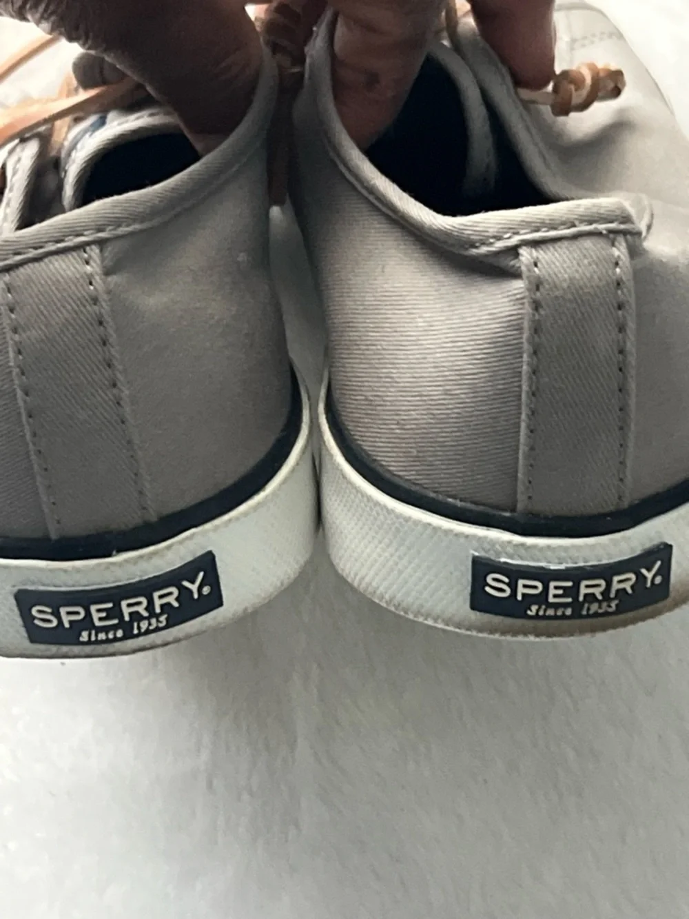 Sperry Men’s Gray Canvas Boat Shoes with Tan Leather Laces, Size 10M